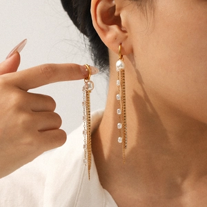 Orecchini Pendenti Con Nappa In Acciaio Inossidabile Con Perla Artificial E Zircone Elegante Catena Lunga Gioielli Di Moda Per Donna Placcati Oro