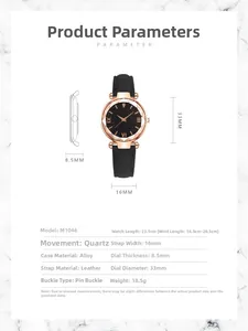 Detailed specs of the starry sky quartz watch with rose gold case and leather strap