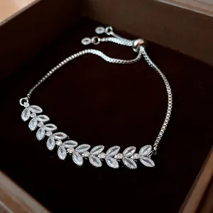 Silver leaf bracelet with marquise zircon stones and adjustable slide buckle closure