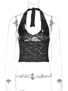 Close-up of intricate lace floral patterns on this black halter-neck camisole top