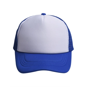 Detail of blue and white trucker hat featuring mesh back and reinforced stitching