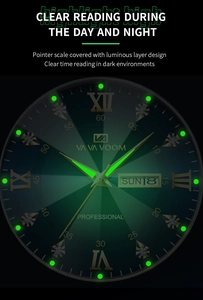 Detail of green dial watch featuring luminous hands and dual calendar window display