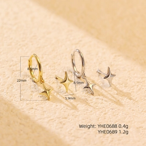 Minimalist S925 sterling silver four-point star hoop earrings and studs in gold and silver
