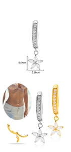 Makroansicht von G23 Titan Bauchnabelpiercing mit Zirkonia-Blume und Größenangabe