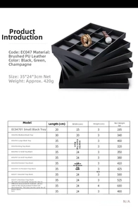 Detailed size specification table for brushed PU leather jewelry display trays