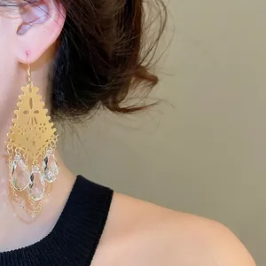 French crystal waterdrop tassel earrings with gold hollow diamond shape for women