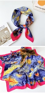 Artistic square silk scarf with Starry Night pattern and vibrant magenta rolled edges