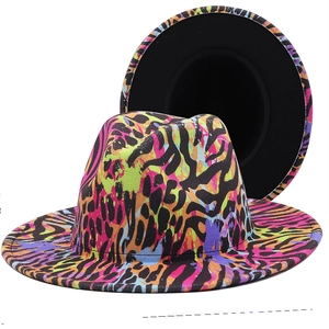 Colorful leopard print fedora hat with wide brim and black lining in street style