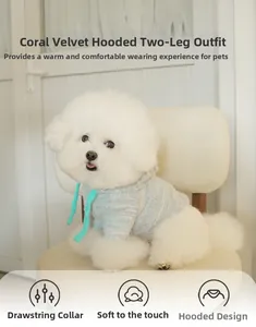 Gros plan d'un sweat à capuche pour animaux en polaire corail bleu clair et cordons menthe