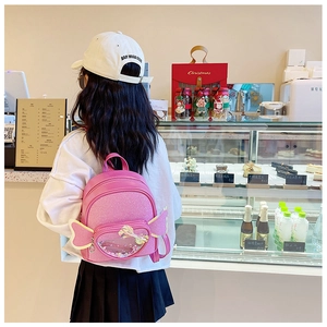 Pink sequin mini backpack with 3D angel wings and transparent front pocket for girls