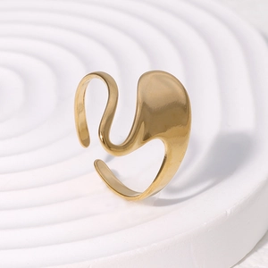 Irregular gold minimalist stainless steel open ring with a fluid abstract design