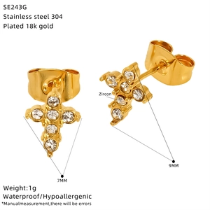 Detail view of gold-plated cross stud earrings with zircon inlay specifications