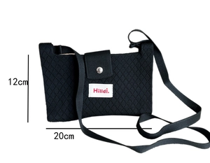 Knitted crossbody phone bag dimensions 20x12cm with textured fabric and magnetic snap