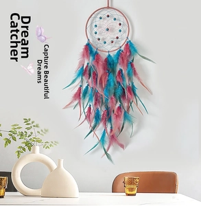 Detail of pink and blue dreamcatcher with soft feathers and beads on white wall