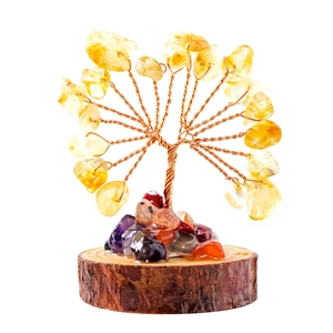 Handcrafted yellow crystal money tree on wood base with colorful gemstone accents