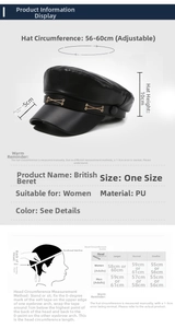 Detailed size chart for black PU leather beret with metal chain and 56-60cm adjustable rim