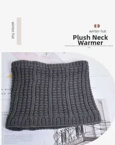 Detail of gray rib-knit neck warmer with thick thermal plush lining for winter warmth