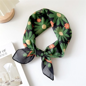Black square cotton-linen floral neck scarf with green daisy and orange flower pattern