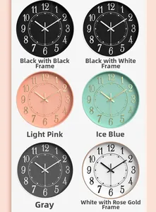 Detailed grid showing six minimalist 12-inch wall clocks in various modern color combinations