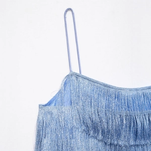 Women's light blue tiered fringe mini dress with adjustable spaghetti straps and tassel detail