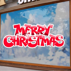 Pink and red Merry Christmas window sticker with snowflake on glass shop window