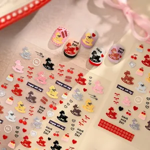 3D Embossed Jelly Nail Art Stickers Cute Rocking Horse Bow Heart Cherry Patterns Retro Self Adhesive DIY Manicure Decals