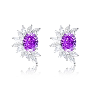 S925 silver stud earrings with oval purple gemstone and marquise-cut white zirconia