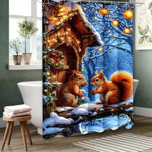 Winter-Duschvorhang mit roten Eichhörnchen und einer gemütlichen Hütte mit Lichtern