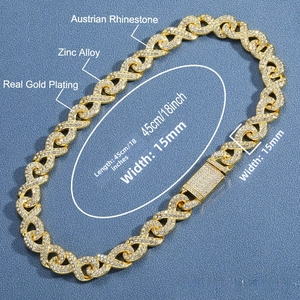 Macro shot of gold plated infinity cuban chain with Austrian rhinestones, 15mm width