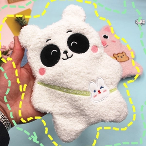 Cute panda plush pencil case made of lamb wool with bunny decor and green ribbon