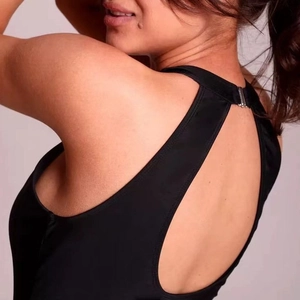 Black mesh cutout one-piece swimsuit featuring a halter neck and silver buckle detail
