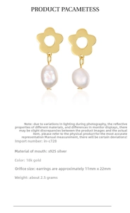 Detailed view of S925 silver 18k gold floral earrings with baroque pearl drops