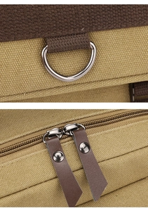 Detail of khaki canvas backpack featuring metal D-rings, leather pullers, and dual zippers