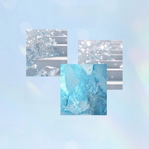Macro detail of cut opal gemstones with high transparency and light blue bokeh accents