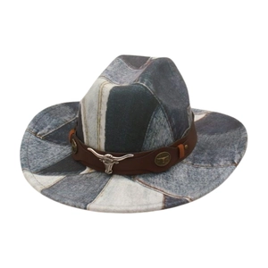 Classic western denim patchwork cowboy hat with silver bull head ornament and leather band
