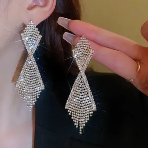 Luxury geometric tassel drop earrings with sparkling rhinestones for party wear