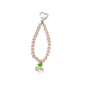 Pink clear beaded phone strap with silver heart clasp and sweet cherry pendant charms