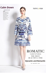 Detail of blue and white porcelain floral print on round neck long sleeve dress
