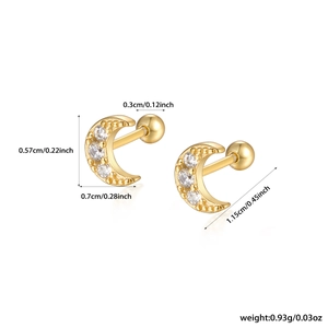Golden moon stud earrings with zircon inlay and screw back, detailed size dimensions