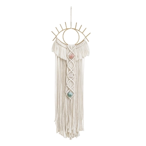 Detailed handmade cotton macrame evil eye wall hanging with natural stones and gold metal frame