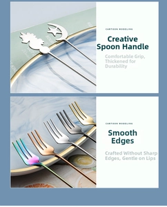 Macro detail of cartoon unicorn and moon handle on 304 stainless steel coffee spoons