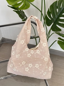 Floral embroidered sheer tote bag in soft pink featuring large capacity shoulder straps