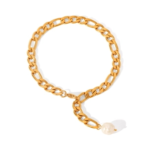 18K gold plated stainless steel Figaro anklet with elegant freshwater pearl pendant