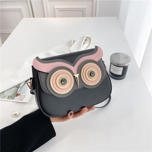 Cute black owl crossbody bag in PU leather with pink and yellow details for women