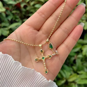 Gold 18K plated necklace with green zircon cross and rose pendants on beaded chain