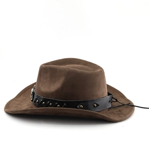 Detail of dark brown faux suede cowboy hat featuring black leather band and metal rivets