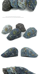 Detailed views of vintage denim flat caps featuring floral prints in various colors