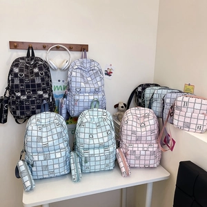 Nylon Plaid Backpack For Girls Cartoon Rabbit Heart Print Schoolbag With Shoulder Bag And Pencil Case Preppy Style Ins