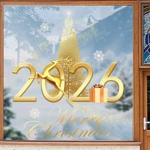 Golden Merry Christmas window stickers with reindeer and tree for 2026 festive decor