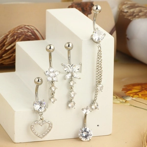 Detailed set of 5 silver belly rings with zircon heart, butterfly, and flower pendants